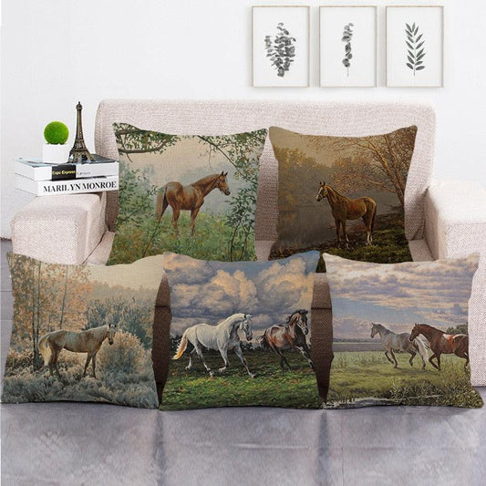 Elegant Grassland Floral Horse Pillow Covers Pastoral Animal Pattern Decorative Pillow Cases For Home Car Sofa Best Gift Linen / Cotton Square Pillow Cover Decorative Throw Pillowcase, Farmhouse Horse 45X45cm