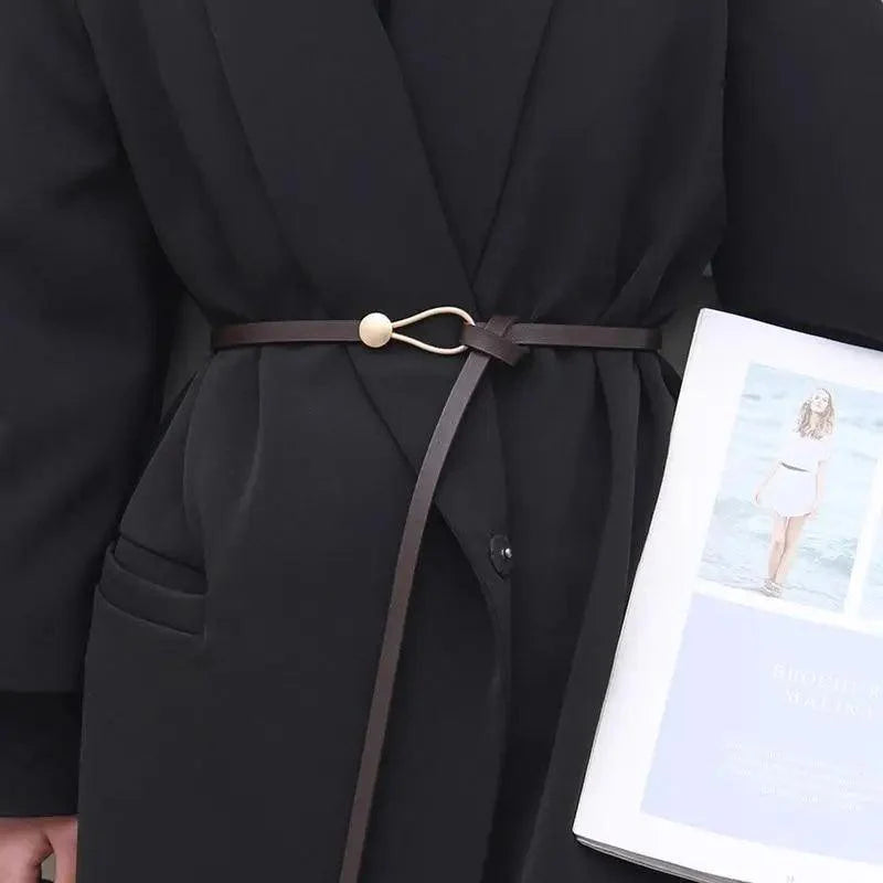 Elegant Leather Adjustable Thin Belt For Women Unique Black Design Ladies Belt High Quality Charming Waistbands For Dress