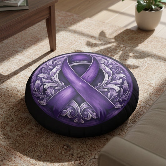 Elegant Purple Ribbon Tufted Floor Pillow, Round