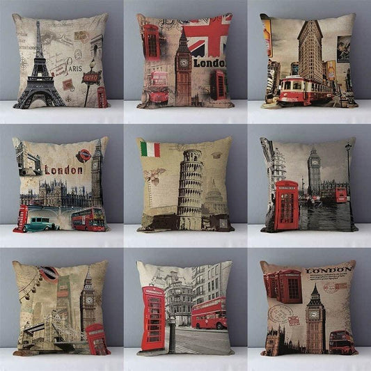 Elegant Retro Couch Cushion Home Decorative Pillows London Paris Scenic Printed Cotton Linen Square Decorative Retro London Throw Pillow Case Vintage Cushion Cover Pillowcase