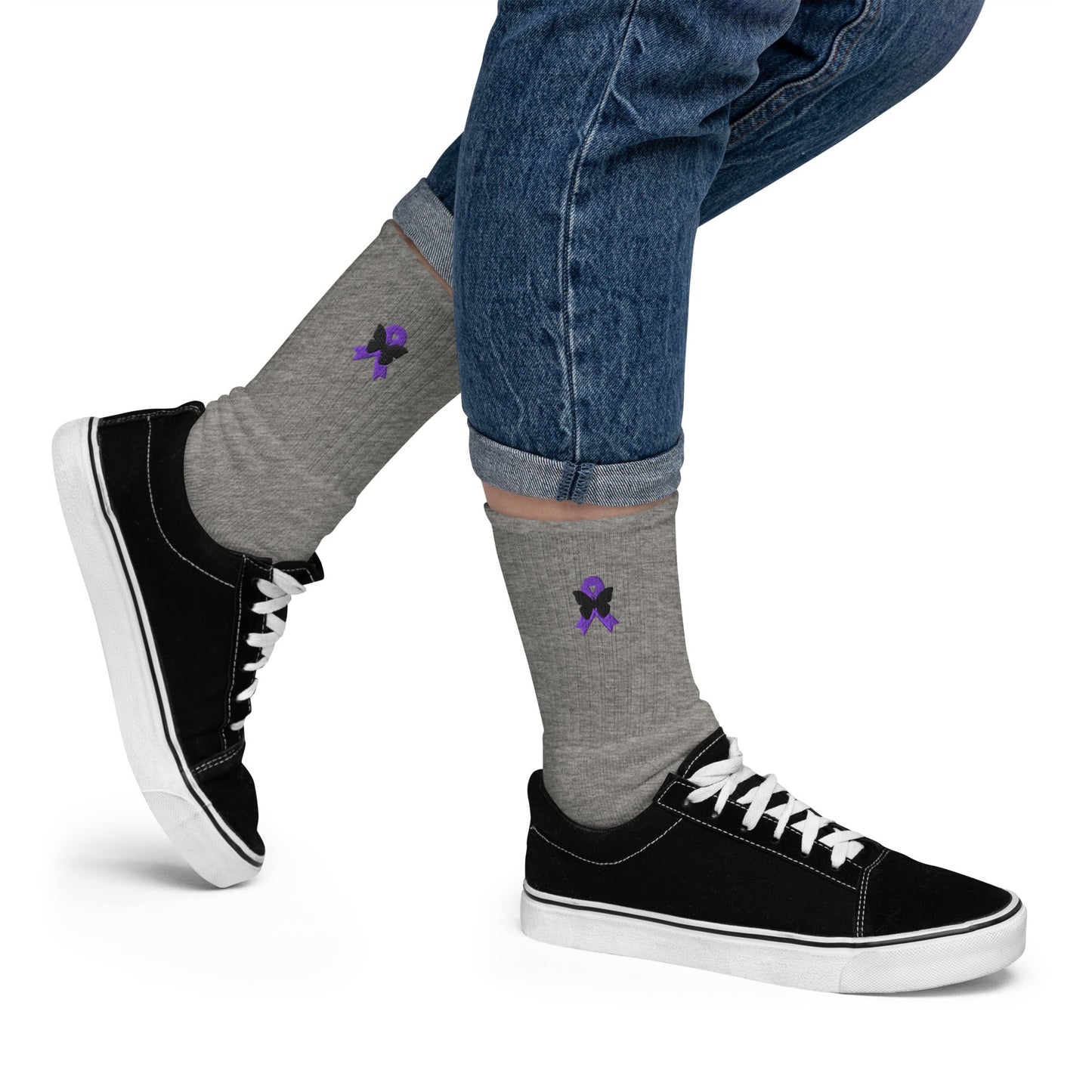 Purple Ribbon Embroidered Socks