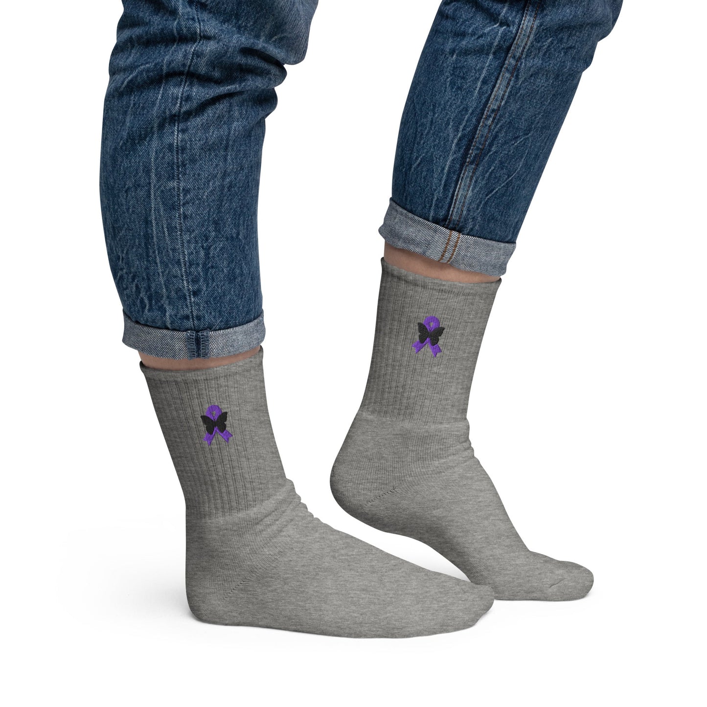 Purple Ribbon Embroidered Socks