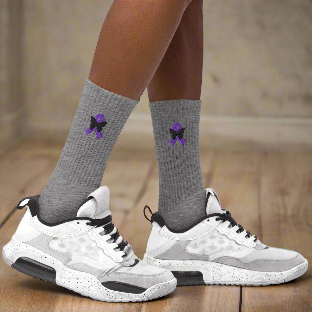 Purple Ribbon Embroidered Socks