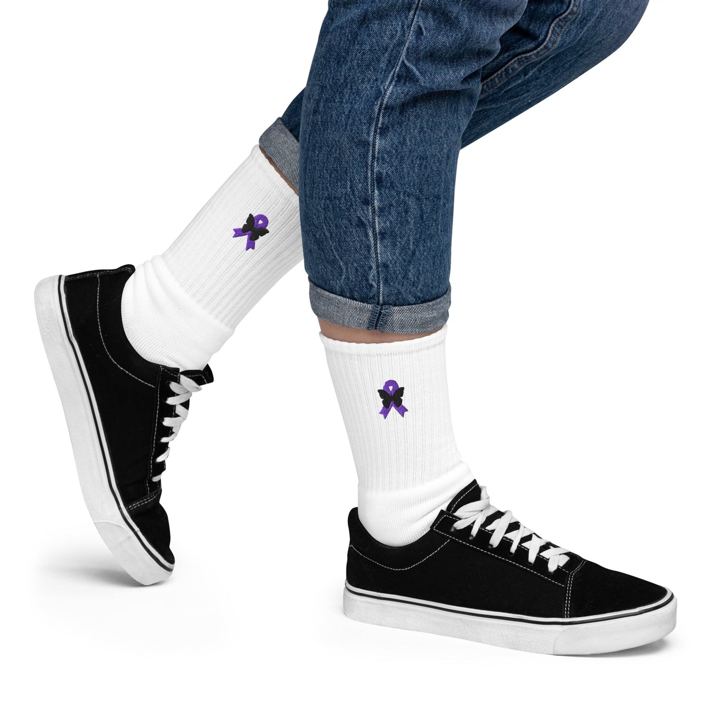 Purple Ribbon Embroidered Socks