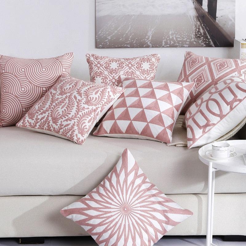 Embroidered Geometric Pillow Cover 100% Cotton Woolen Cushion Cover Modern Nordic Style Pink Blue Pillow Cover For Home Decor Embroidery Cushion Cover Decorative Throw Pillow Cover Geometric Invisible Pillow Cover for Living Room 45X45CM