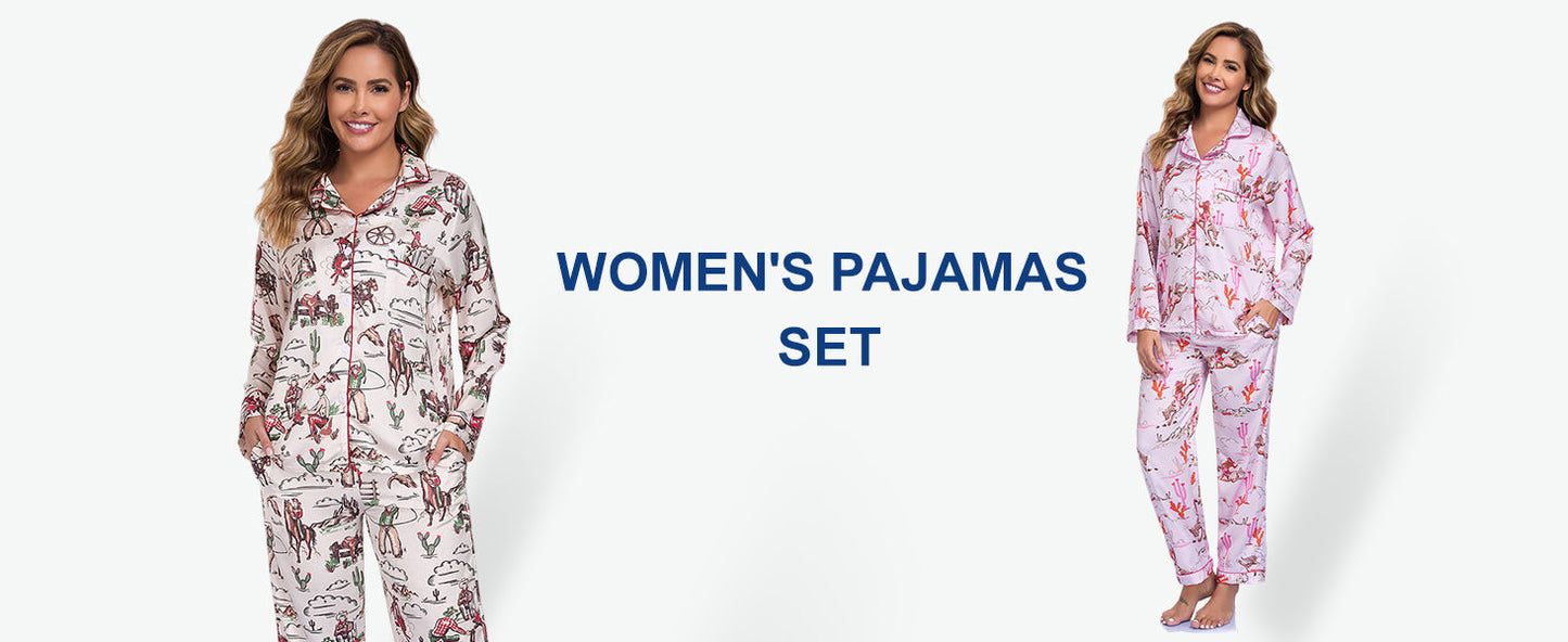 Women's Button Down Lapel Shirt With Pocket Matching Two Piece Loungewear Pajama Set