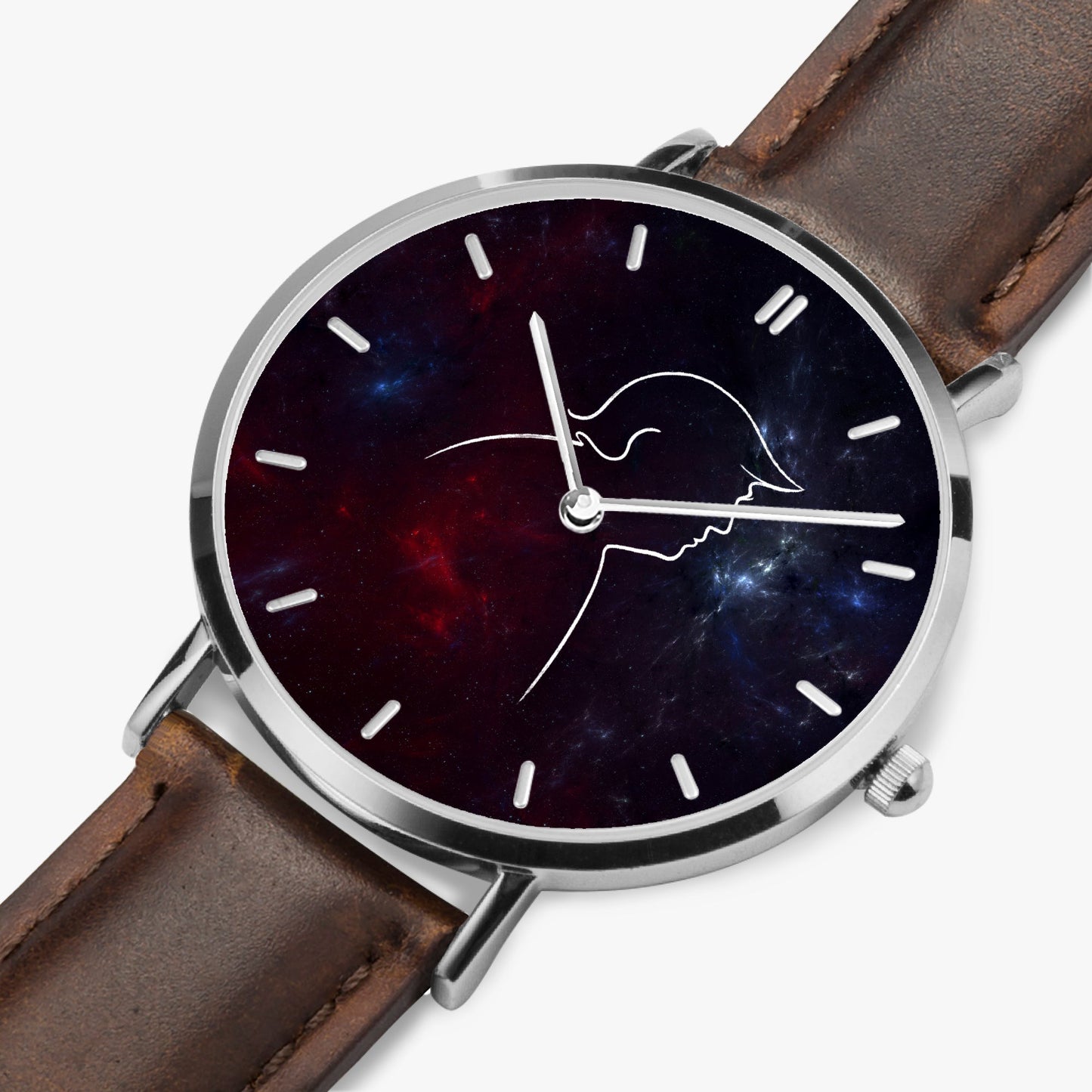 Cosmic Profile Watch – Galaxy Line Art Unisex Leather Band Timepiece