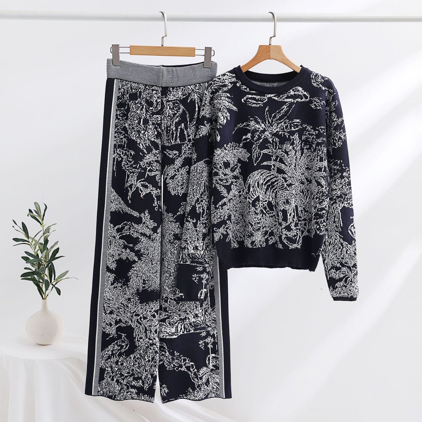 Knitting Patterns Two-piece Set Pullover Long Sleeve Sweater High Waist Wide Leg Top Suit