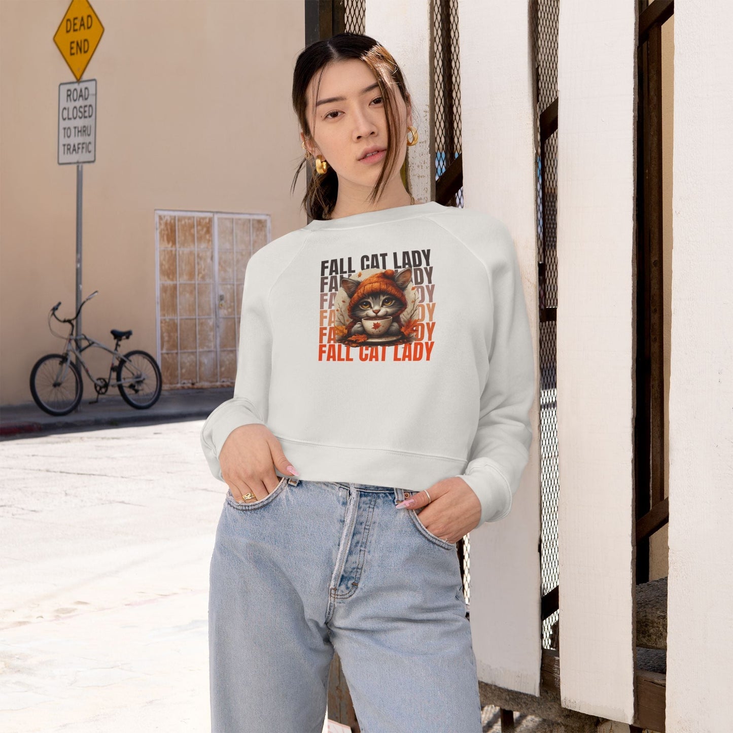 Fall Cat Lady Cropped Pullover Sweatshirt for Cozy Autumn Vibes