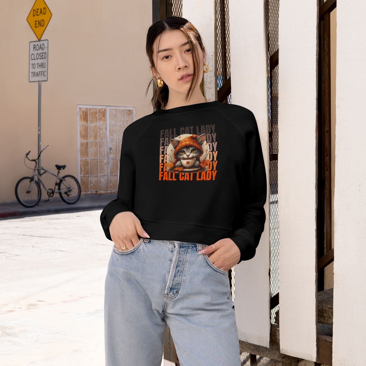 Fall Cat Lady Cropped Pullover Sweatshirt for Cozy Autumn Vibes