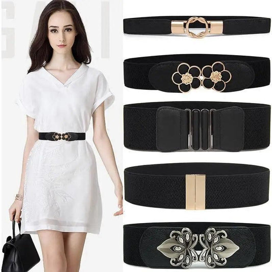 Fashion Black Metal Flower Design Buckle Wide Leather Strap Belt For Women Vintage Women Plus Size Decorative Elastic Waistbands