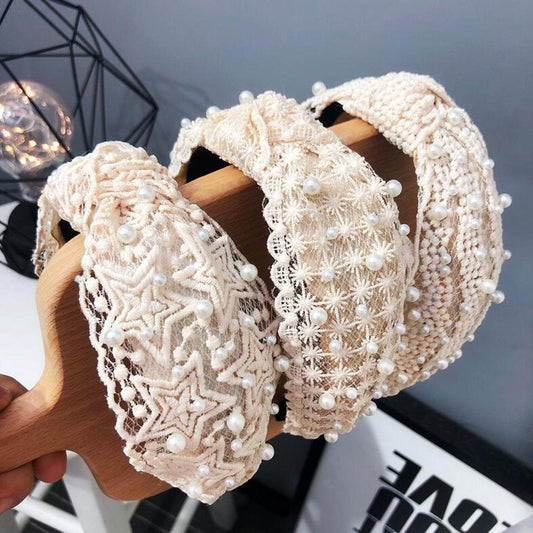 Fashion Girls Pearl Hairband White Black Lace Headband Women Artificial Pearls Hair Hoop Middle Knot Hair Accessories Gorgeous Hair Accessories For Women