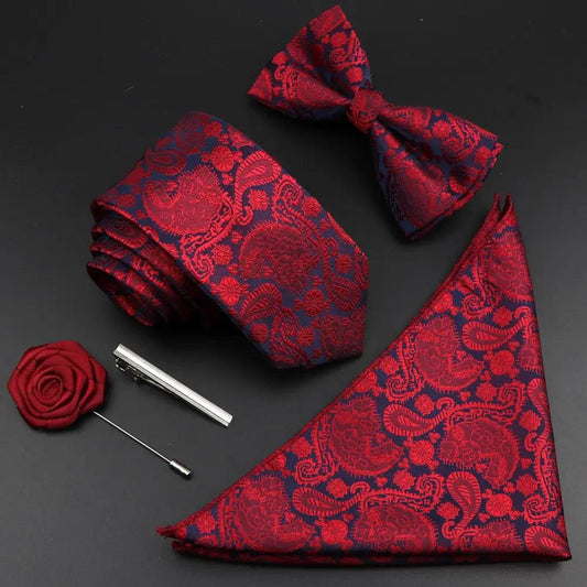 Fashion Red Business Necktie Matching Bowtie Flower Vintage Design Set For Men Self-Tie Bow Tie And Pocket Square Classic Business Tuxedo Wedding Bowties Handkerchief Set Men Necktie And Pocket Square Set