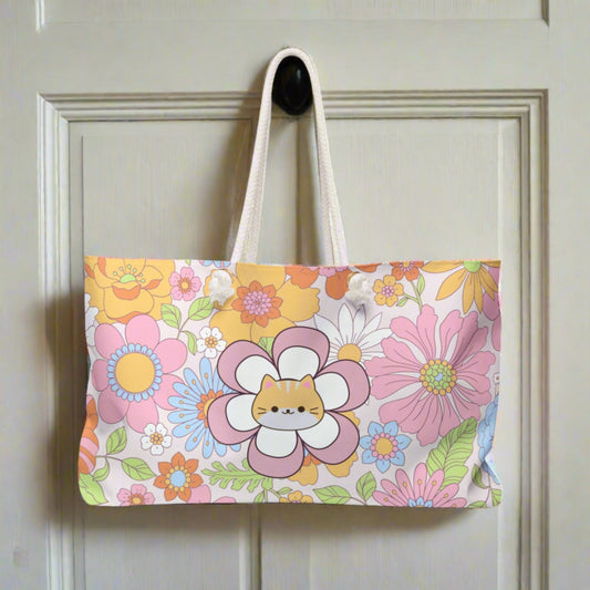 Flower Power Cat Weekender Tote – Retro Floral Cat Travel Bag