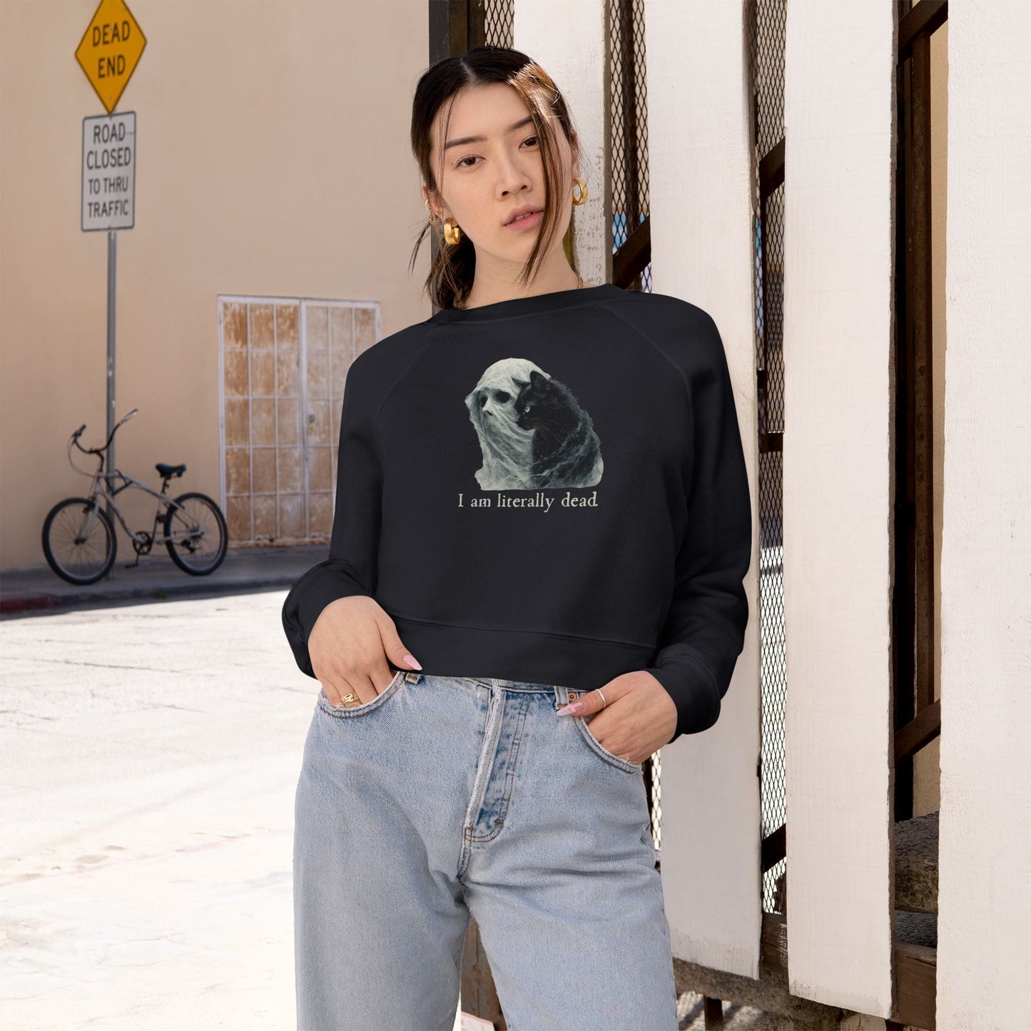 Ghost and Cat Cropped Fleece Pullover for Women