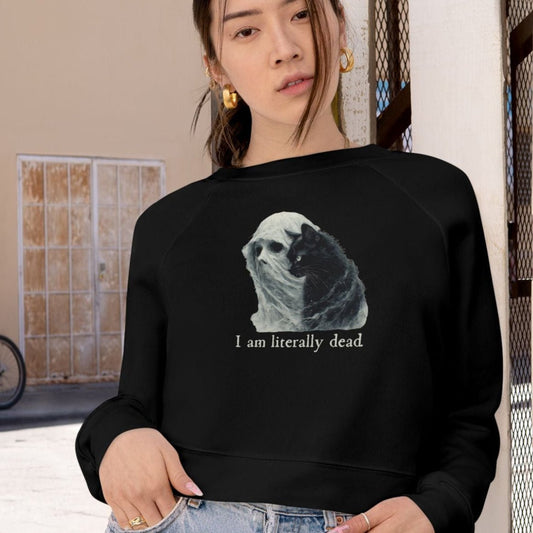 Ghost and Cat Cropped Fleece Pullover for Women