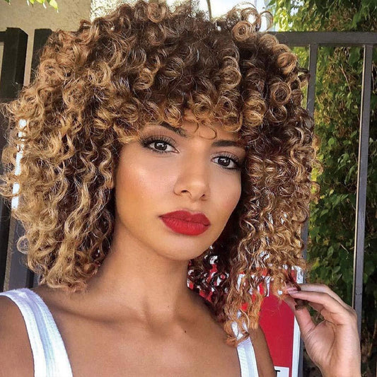 Glorious Afro Wigs Short Kinky Curly Wig Synthetic Short Bob Wig With Bangs Mixed Highlight Wig for Black Women Cosplay Wigs For Black Women Gifts for Girlfriends