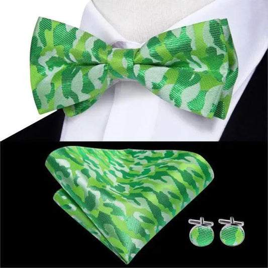 Green Color Silk Butterfly Pre-Tied Bow Tie Pocket Square Cufflinks Suit Set For Men Silk Adjustable Self Bowtie Formal Bowtie Set