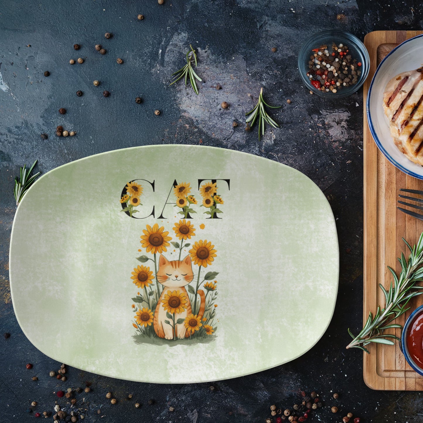 Green Sunflower Cat Collectible Serving Platter