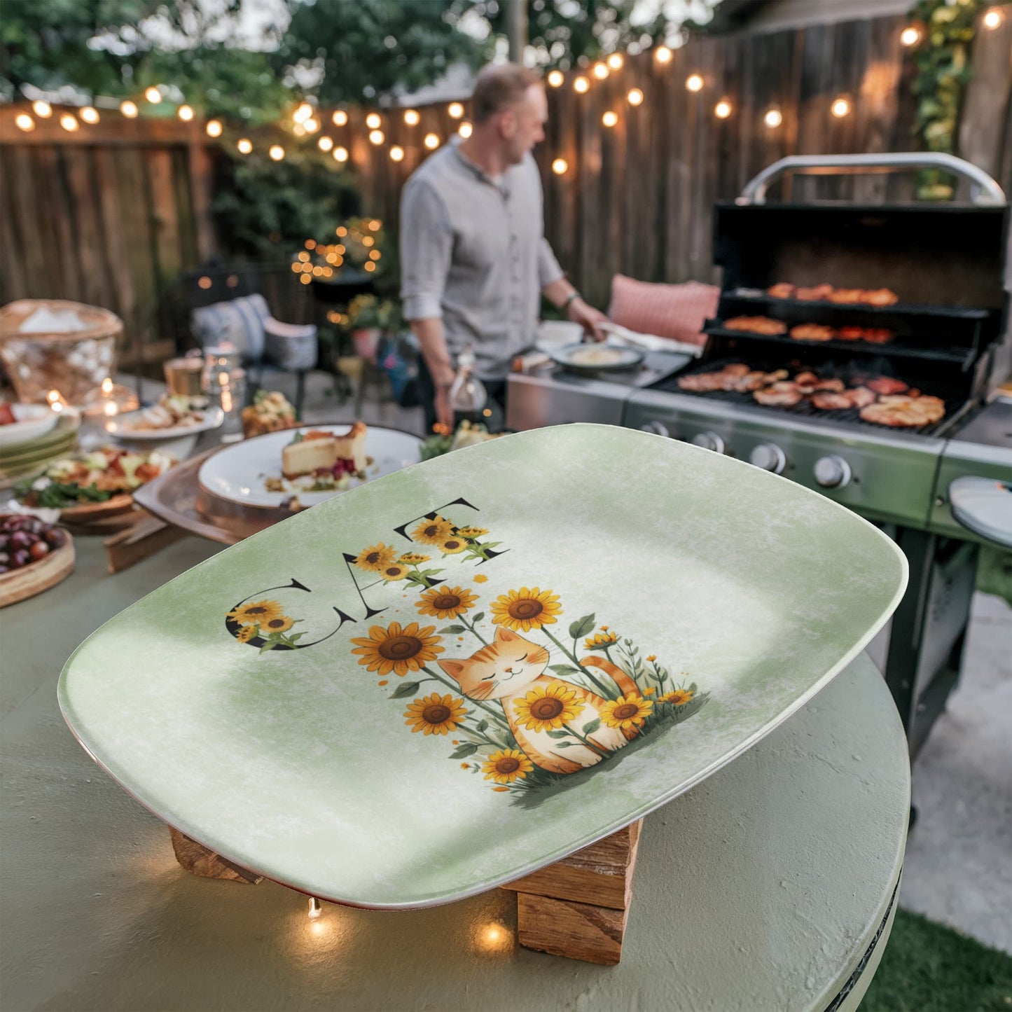 Green Sunflower Cat Collectible Serving Platter
