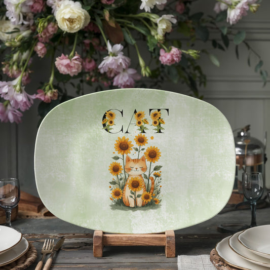 Green Sunflower Cat Collectible Serving Platter