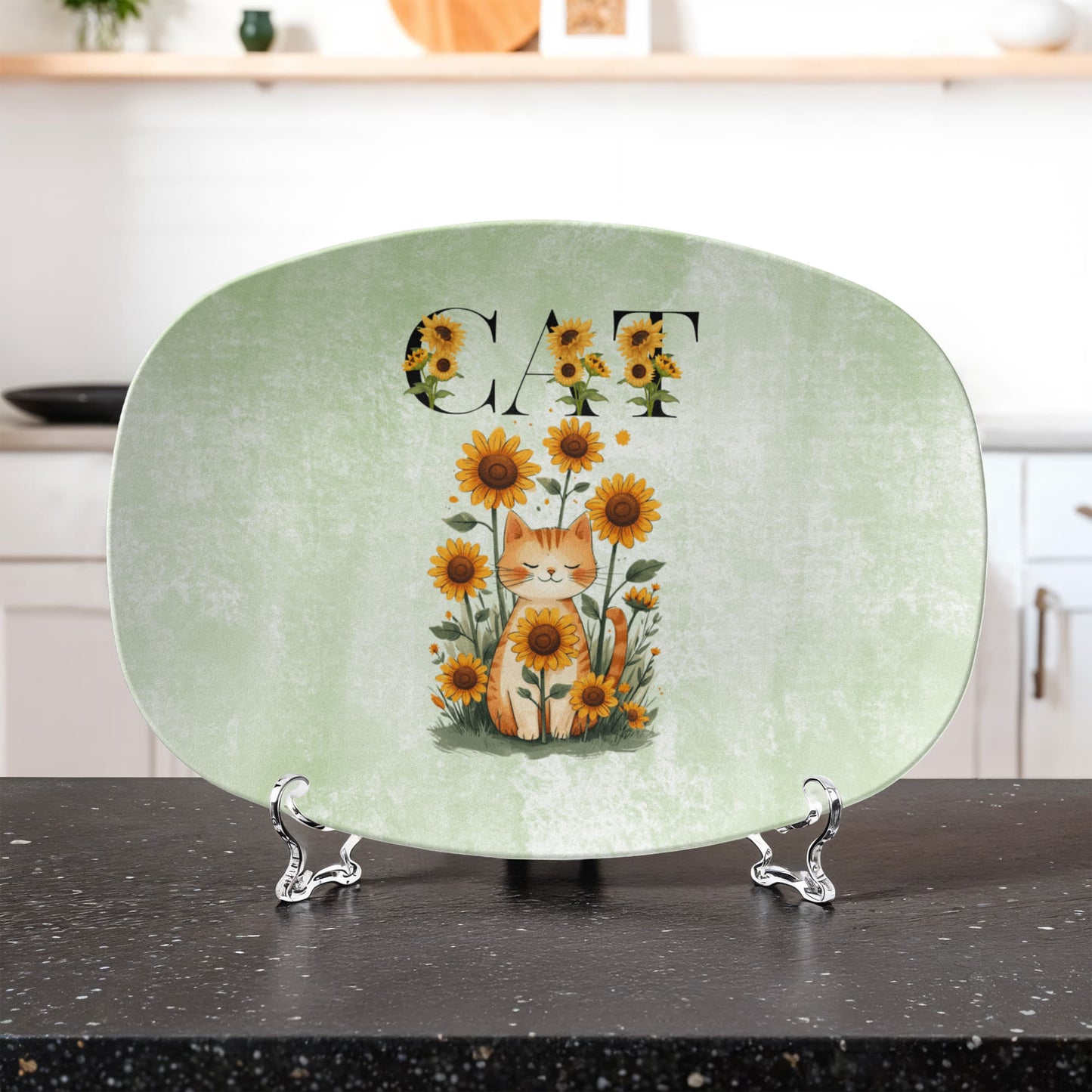 Green Sunflower Cat Collectible Serving Platter