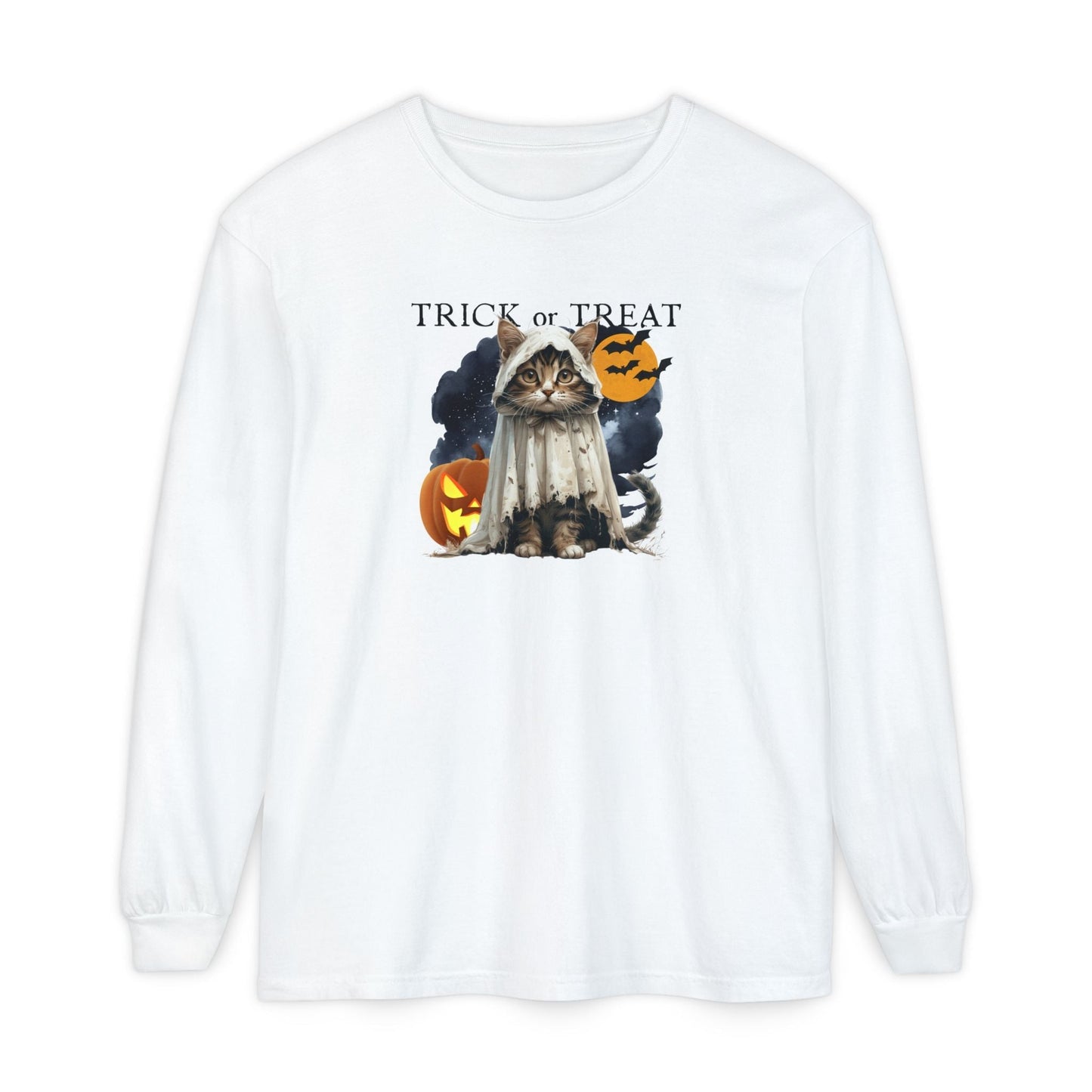 Halloween Cat Long Sleeve Tee, Unisex Spooky Shirt