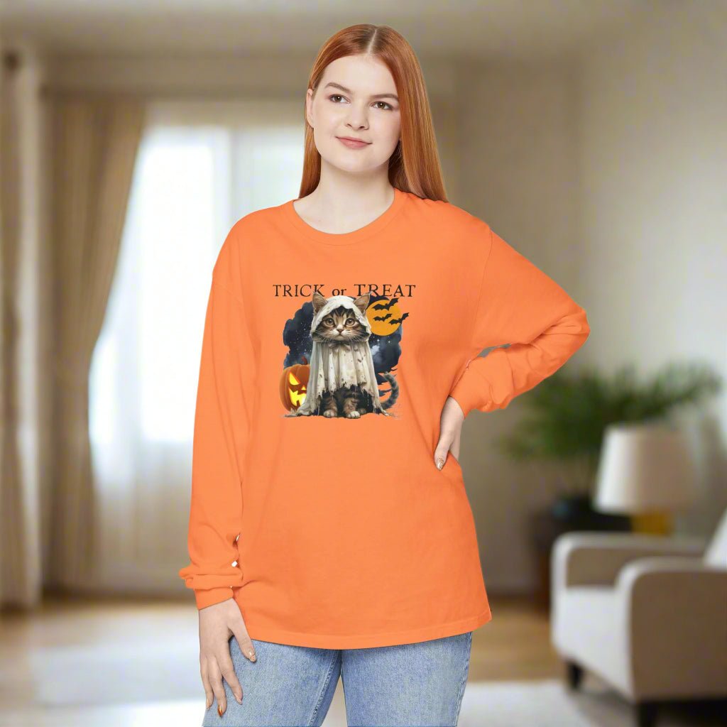 Halloween Cat Long Sleeve Tee, Unisex Spooky Shirt