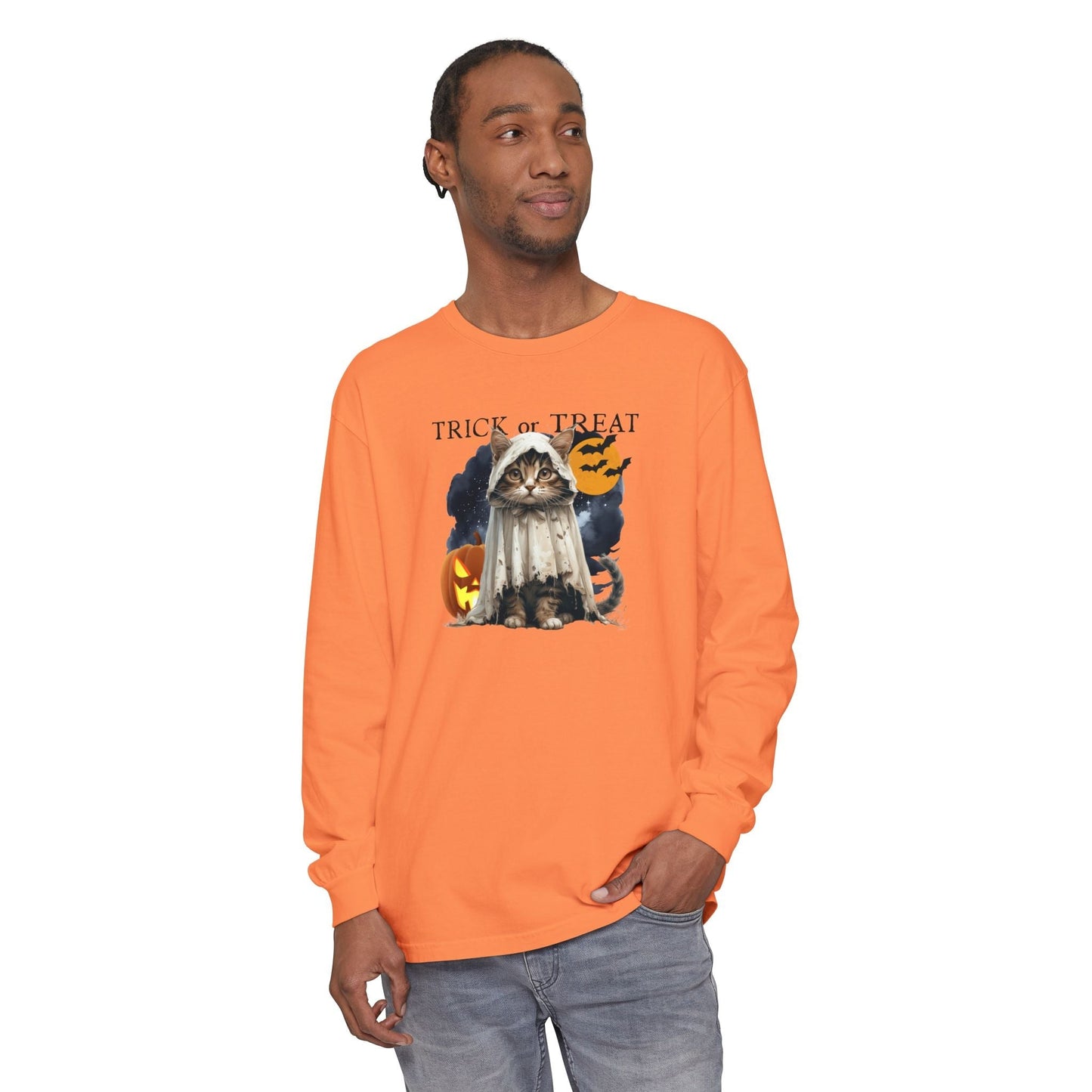 Halloween Cat Long Sleeve Tee, Unisex Spooky Shirt