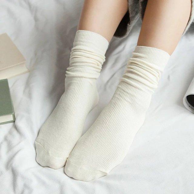 High School Girls High Socks Solid Colors Double Needles Knitting Cotton Long Socks for Women