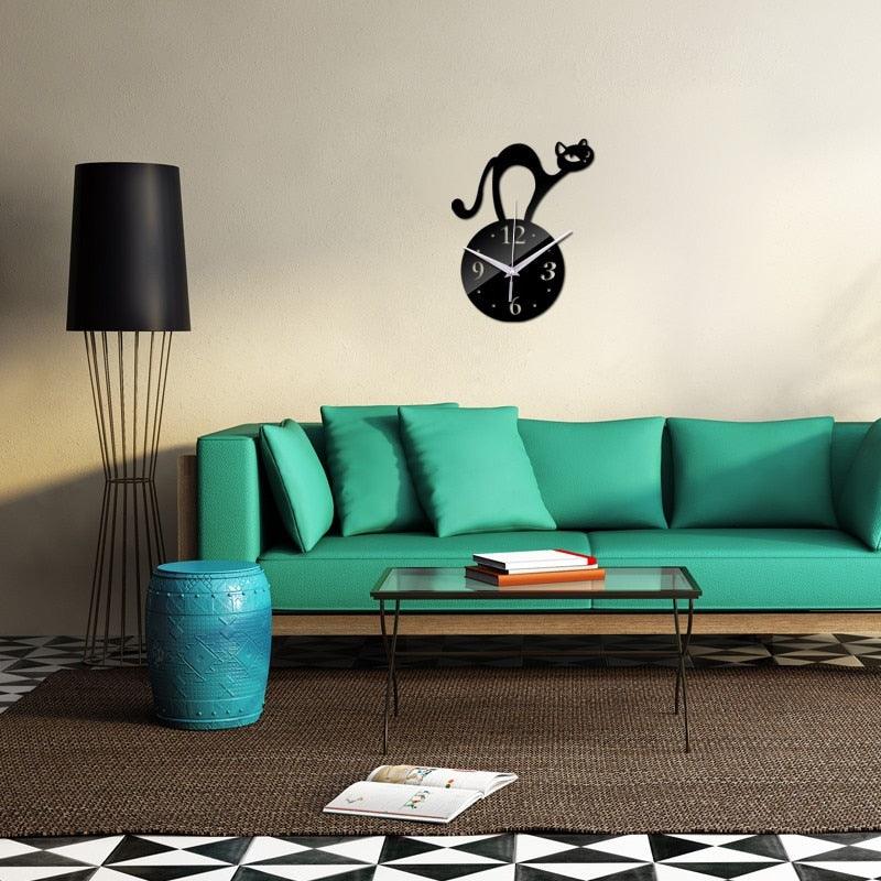 Home Decoration Wall Mirror 3D Hanging Clock Wall Murals Decal Sticker Acrylic Wallpaper for Unisex Teen Children Kid Boy Girl Classroom Gym Room Cartoon Cats Design Sticker Watch