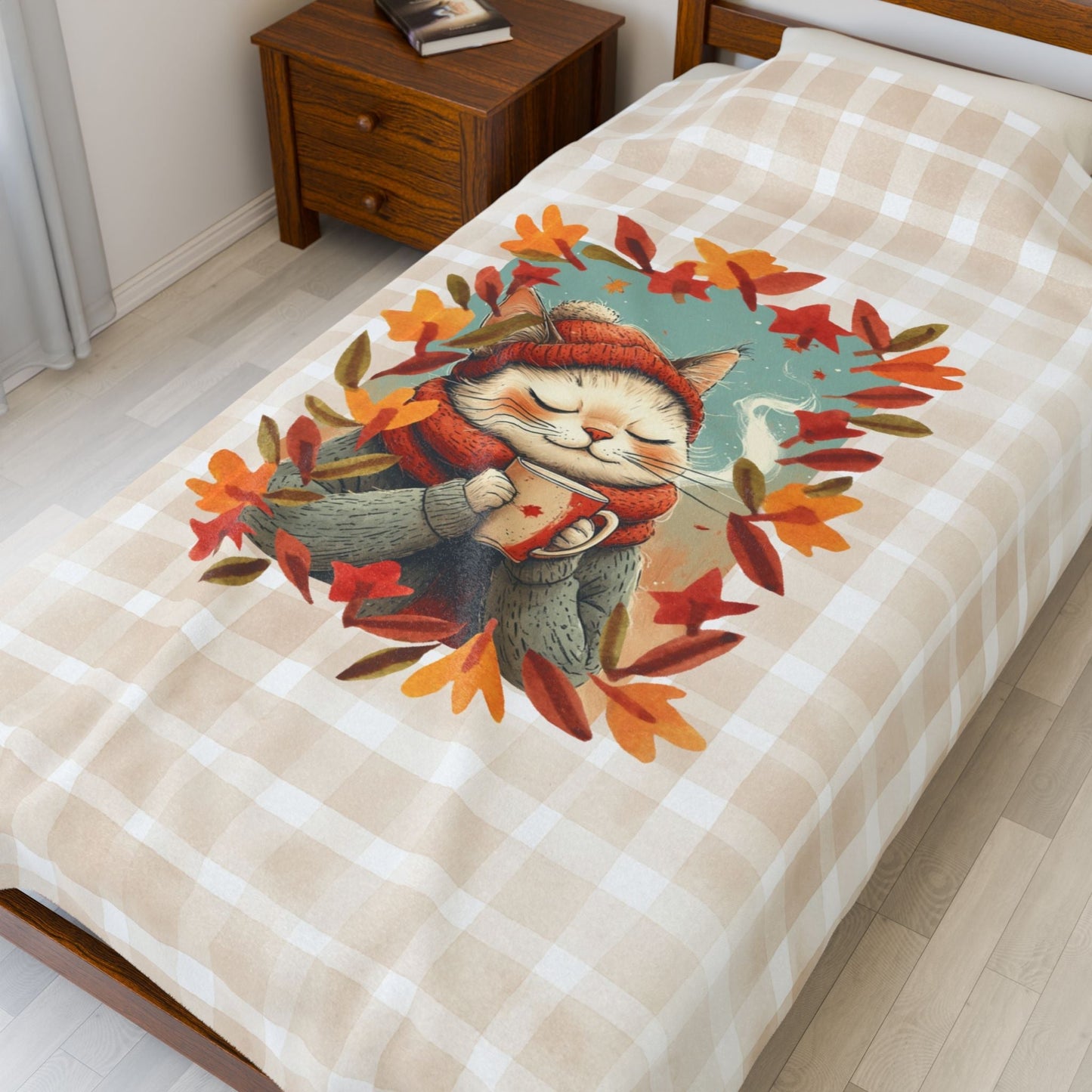 Hot Chocolate Cat Velveteen Blanket for Cozy Comfort