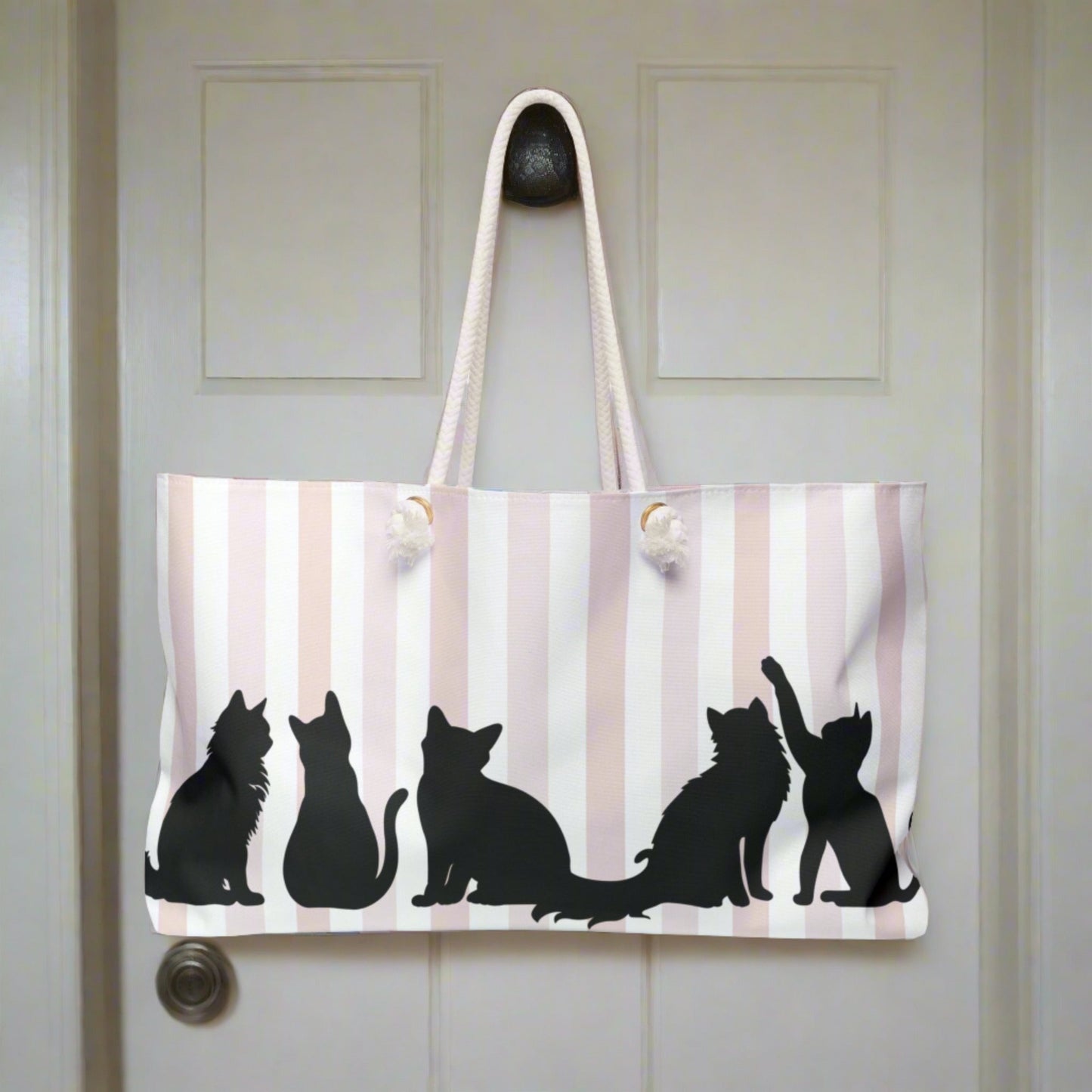 Pink Stripe Cat Silhouette Weekender Tote – Cat Lover Travel Bag