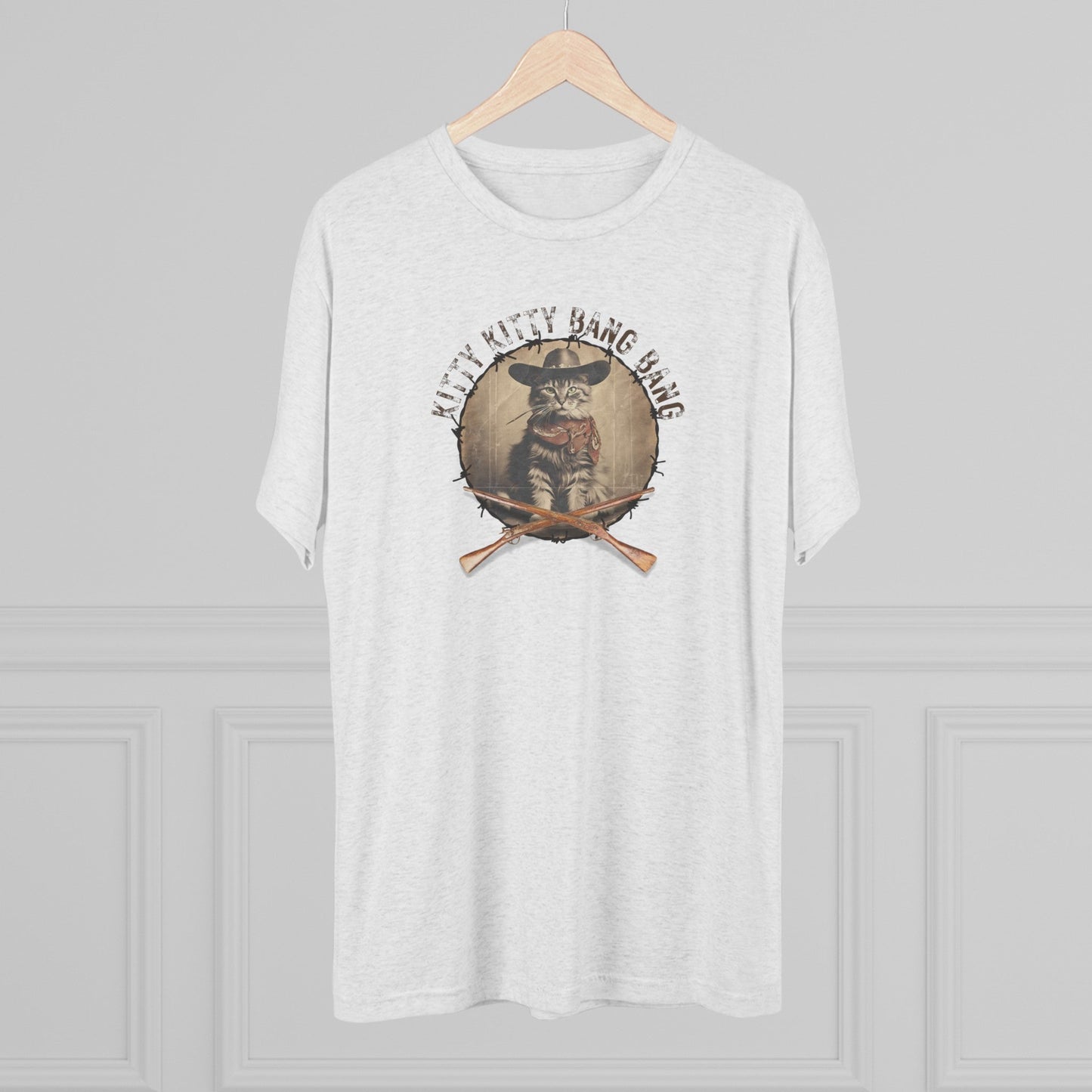 Wild Kitty Bang Bang Tri-Blend Tee – Funny Cowboy Cat Shirt