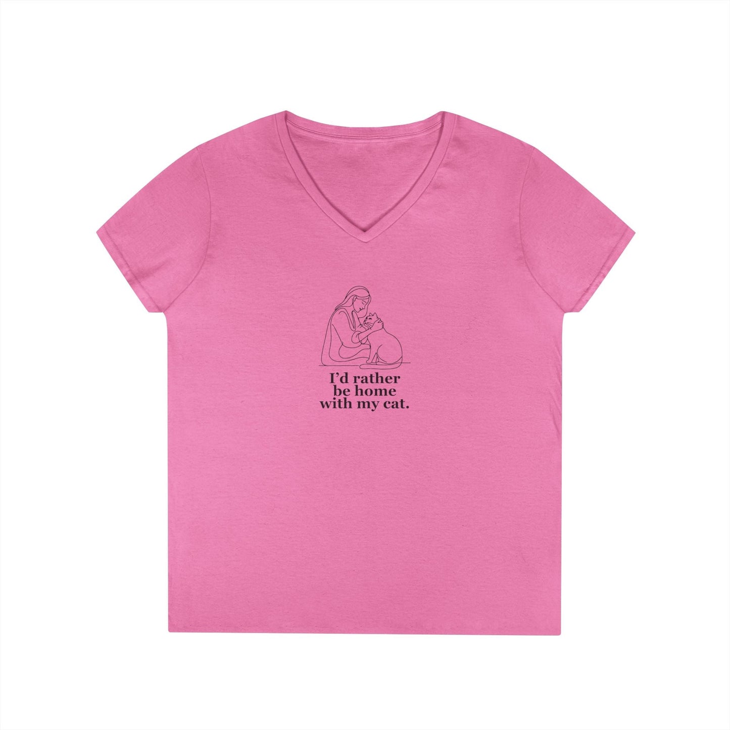 Ladies' V-Neck T-Shirt - 'I'd Rather Be Home With My Cat' - Cat Lover Tee