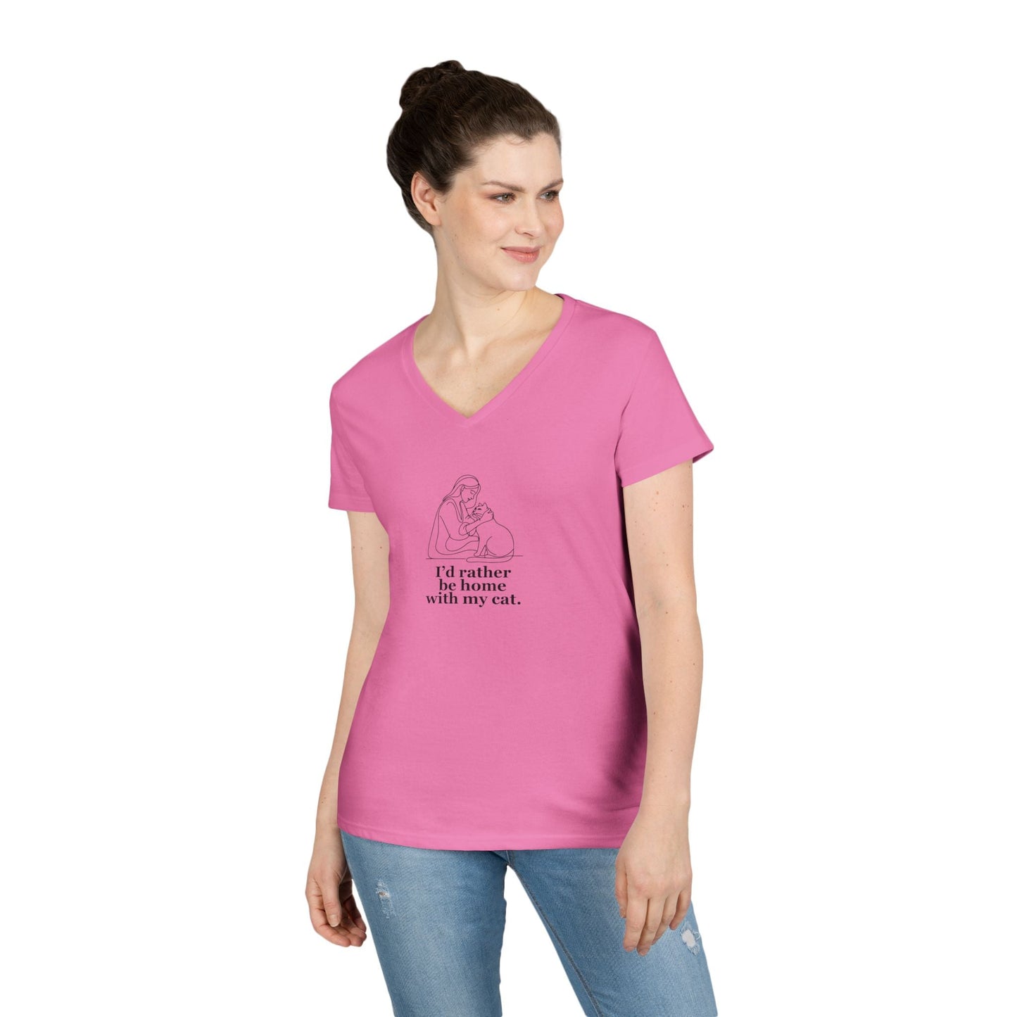 Ladies' V-Neck T-Shirt - 'I'd Rather Be Home With My Cat' - Cat Lover Tee