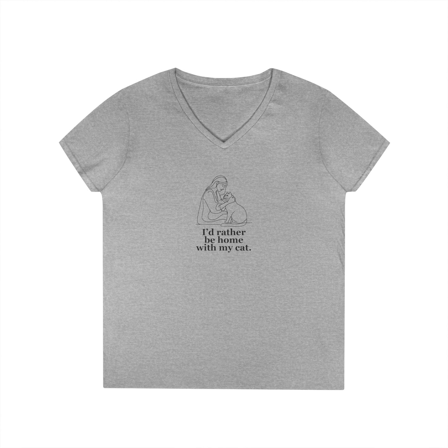 Ladies' V-Neck T-Shirt - 'I'd Rather Be Home With My Cat' - Cat Lover Tee