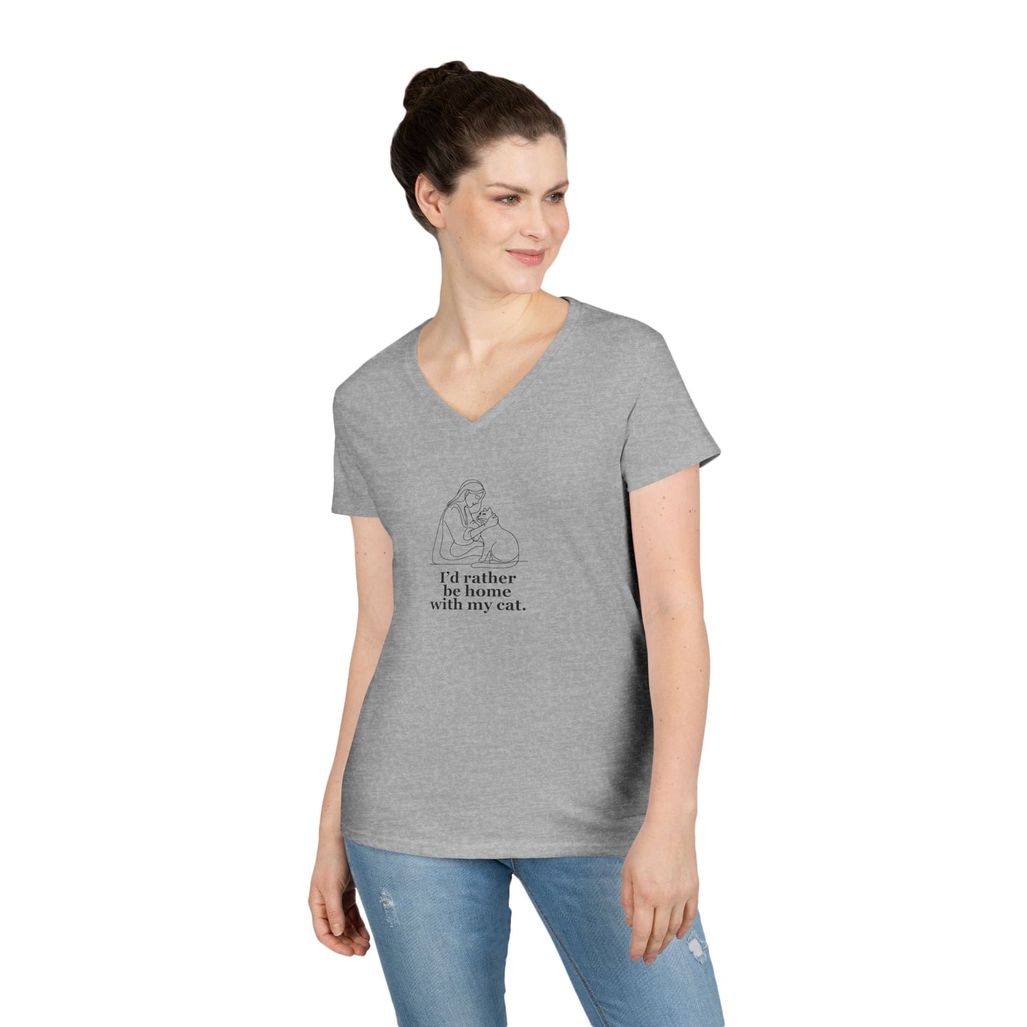Ladies' V-Neck T-Shirt - 'I'd Rather Be Home With My Cat' - Cat Lover Tee