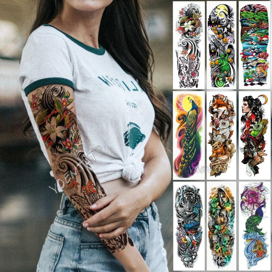 Large Tattoo Sleeve Arm Waterproof Temporary Sticker Tiger Fox For Arm Luxury Colorful Design
