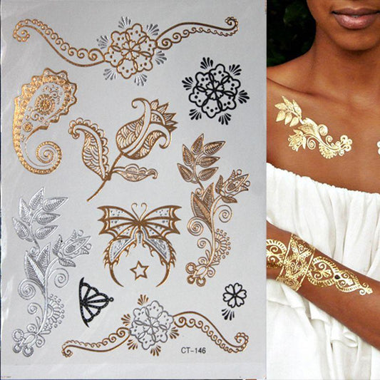 Luxury Flash Metallic Waterproof Temporary Tattoo Gold Silver Flower Tattoo Sticker Long Lasting Gold Design For Womens
