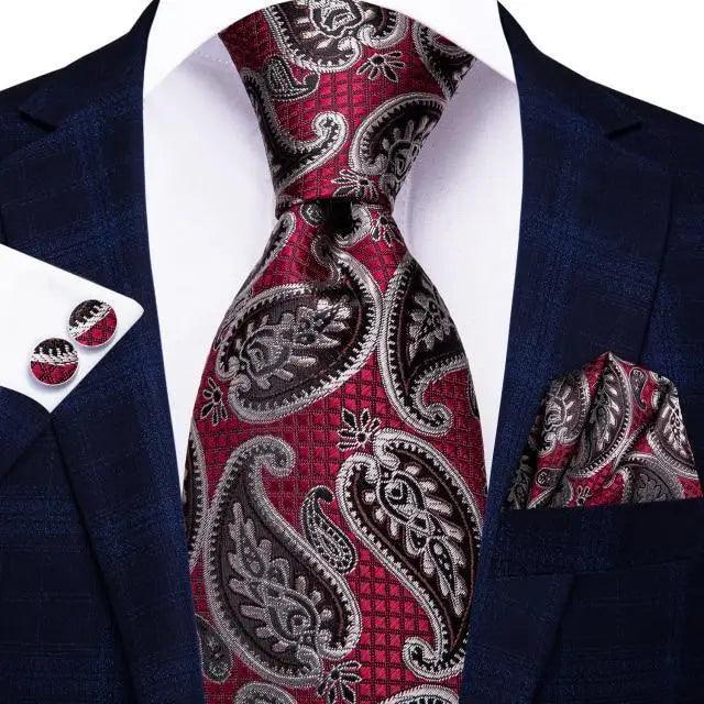 Luxury Men Silk Necktie Pocket Square Matching Handkerchief  Cufflinks Set Formal Design Printed Business Necktie For Men