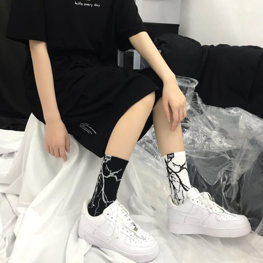 Marble Print Style Harajuku Skateboard Long Socks Creative Fun Lightning Hip Hop Style Socks Streetwear Casual Cotton Socks Unisex Street Couple Socks For Men And Women