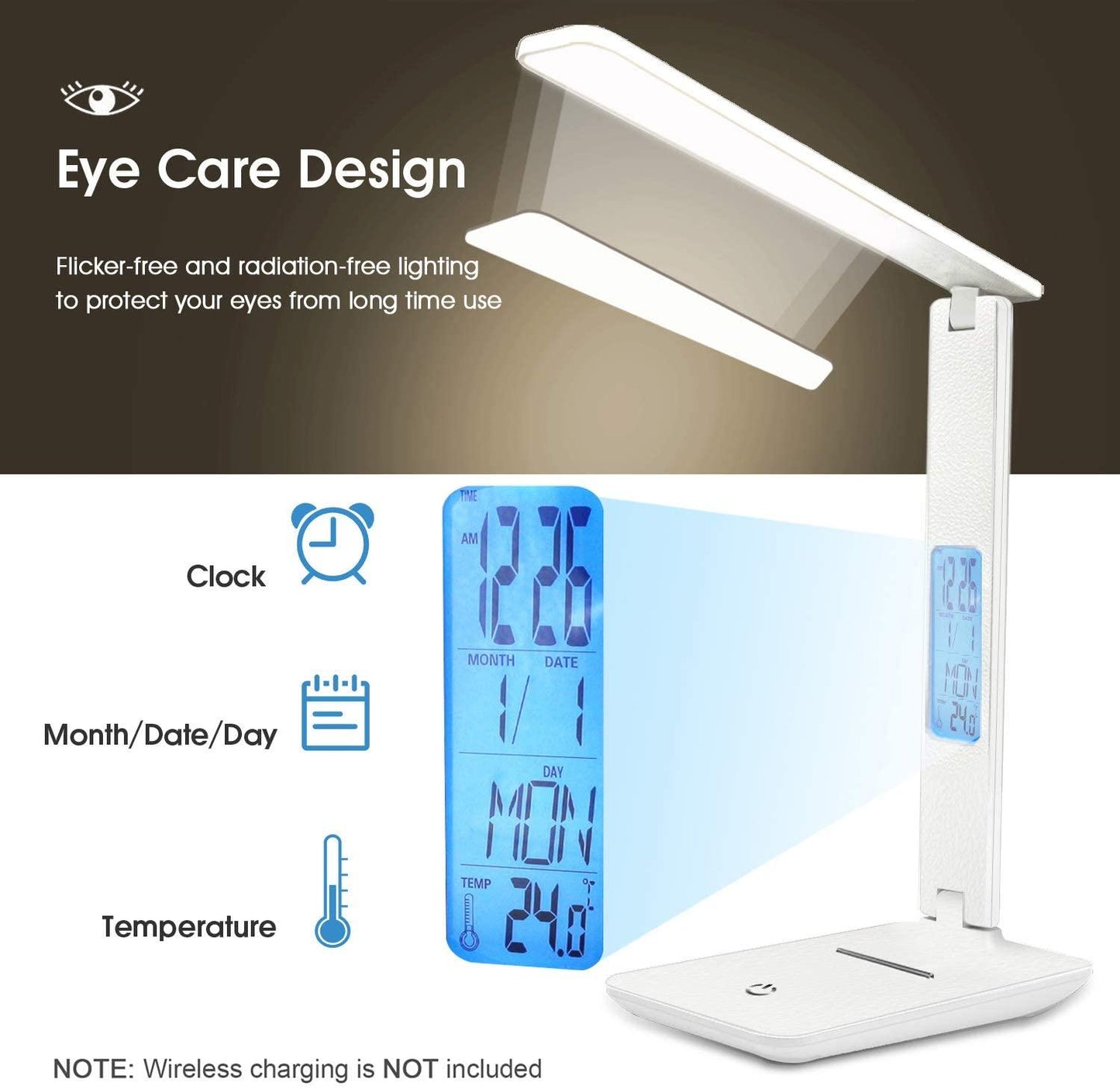 Modern Business Led Office Desk Lamp Touch Dimmable Foldable With Calendar Temperature Alarm Clock table Reading Light Decorative Table Lamp Cute Study Lamps for Bedroom Décor
