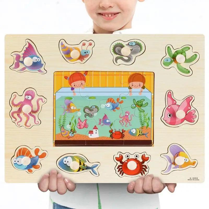 Montessori Wooden Puzzles Hand Grab Boards Toys Tangram Baby Educational Toys Cartoon Vehicle Animals Fruits 3D Puzzles