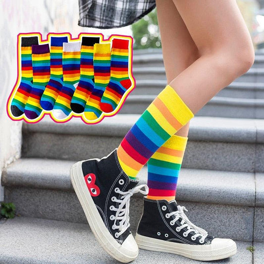 New Arrival Cotton Elasticity Sweat Women Long Sock Candy Colors Rainbow Patterned Sporty Retro Harajuku Casual Socks For Men And Women