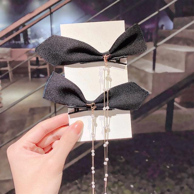 New Bow Pearls Chain Barrettes Hairpins For Women Rhinestone Spring Hair Clips Ribbon Headband Ponytail Headdress Wedding Hair Accessories for Brides and Bridesmaids