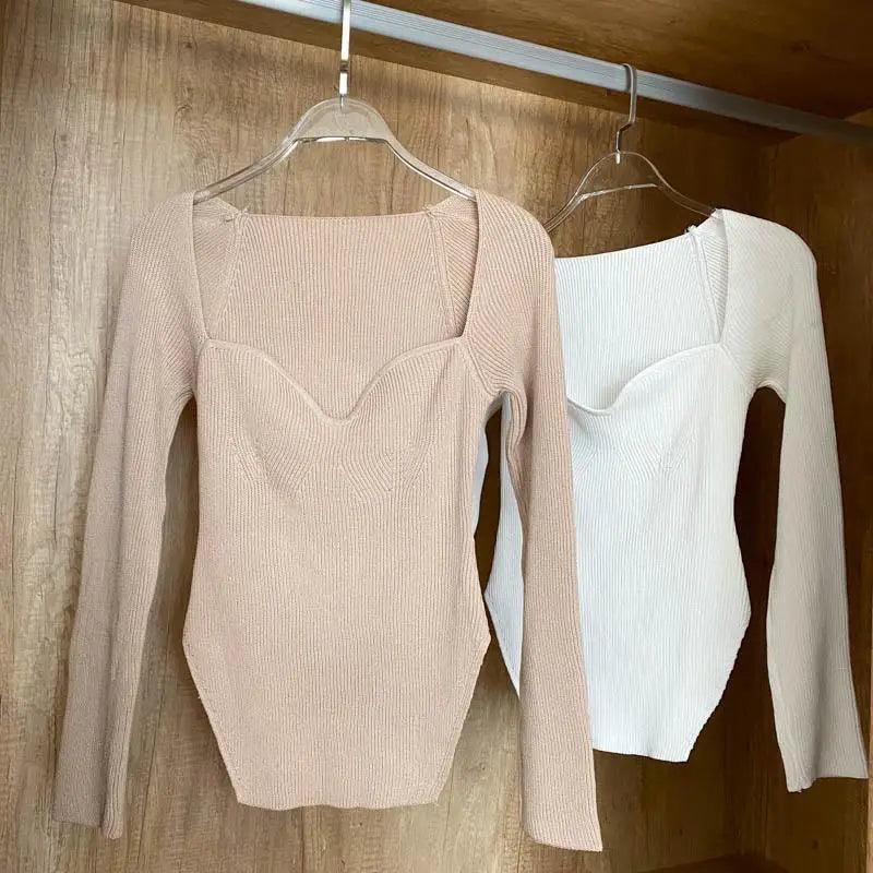 New Casual And Trendy Square Collar Long Sleeve Woman's Sweaters Knitted Pullover Spring Autumn Sweater Winter Tops For Women Black And White Jumper
