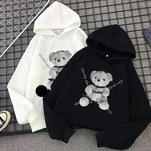 New Dark Hoodies Women Sweatshirts Female Casual Fashion Vintage Oversized Punk Fun Hip Hop Long Bear Long Sleeve Drawstring Hoodie Sweatshirt