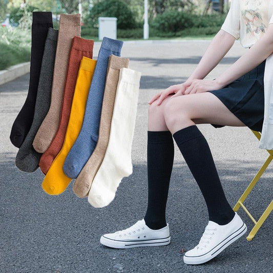 New Fashion Cotton Ladies Knee High Solid Color Socks Student Socks School Party Street Wear Dancing Socks High Quality Cotton Knee High Socks For Women