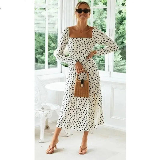 New Fashion Leopard Print Dot long sleeve Slit Luxury Dress - Summer Casual Party Wear Dresses For Women